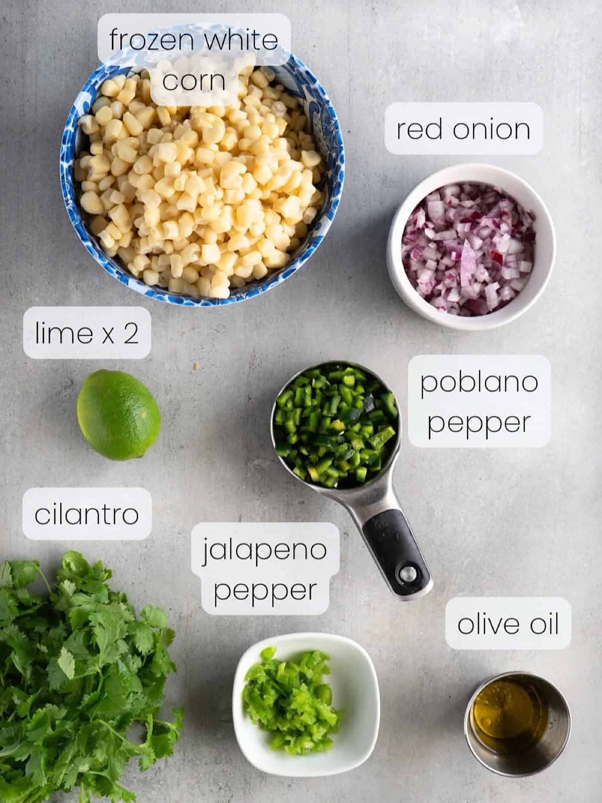 A labeled image of everything needed to make Copycat Chipotle Corn Salsa.