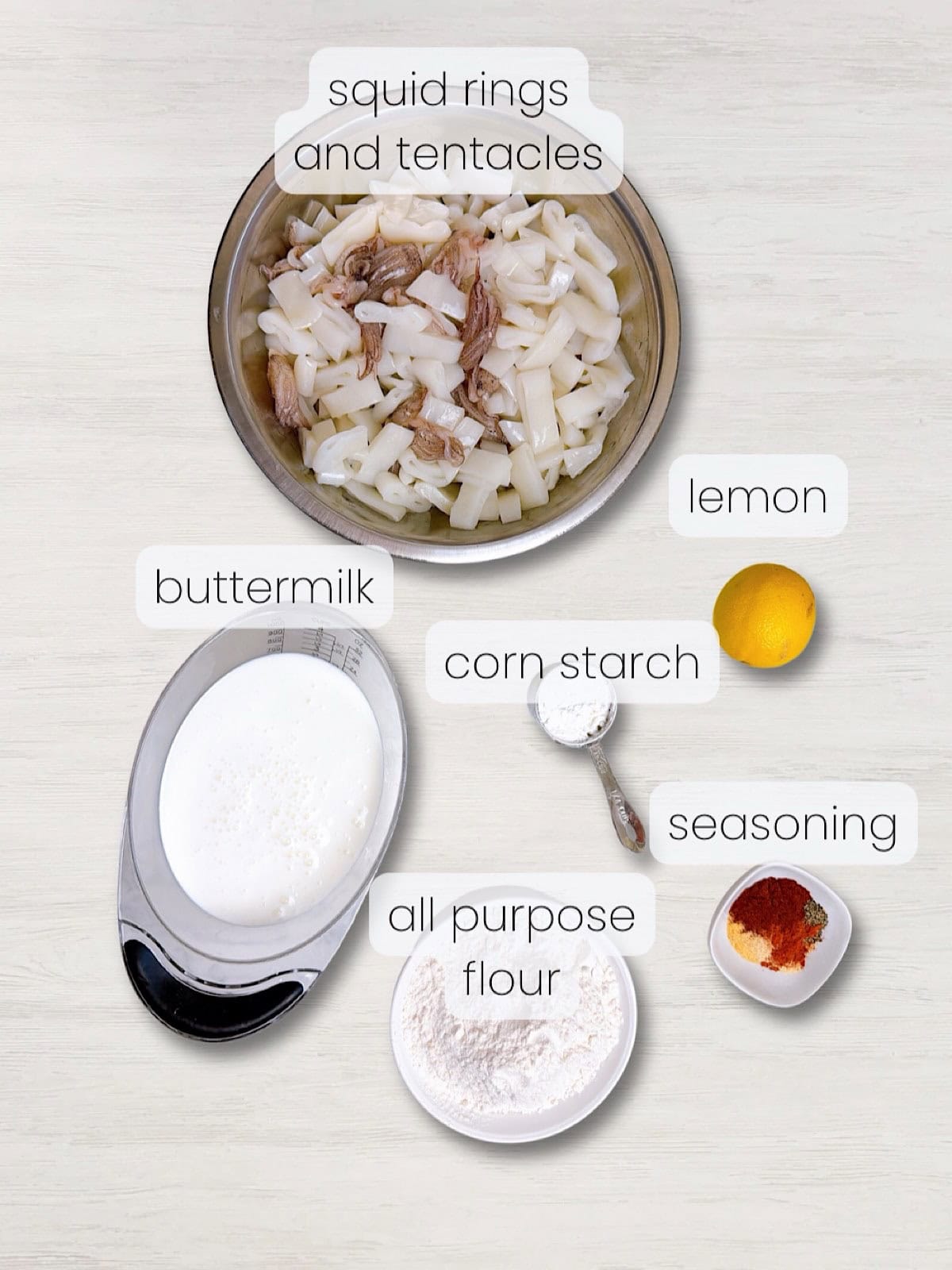 A labeled image of everything needed to make breaded fried calamari.