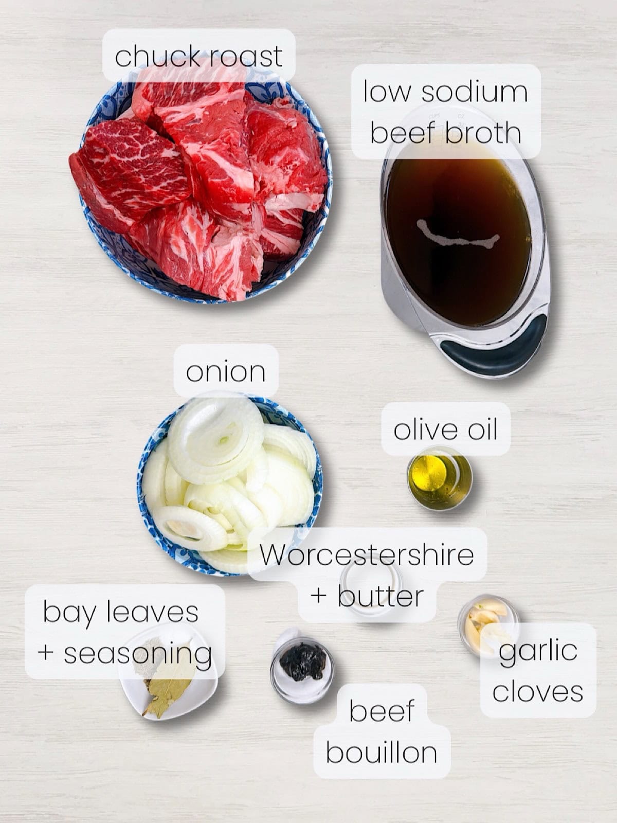 A labeled image of everything needed to make Dutch Oven French Dip with Au Jus.