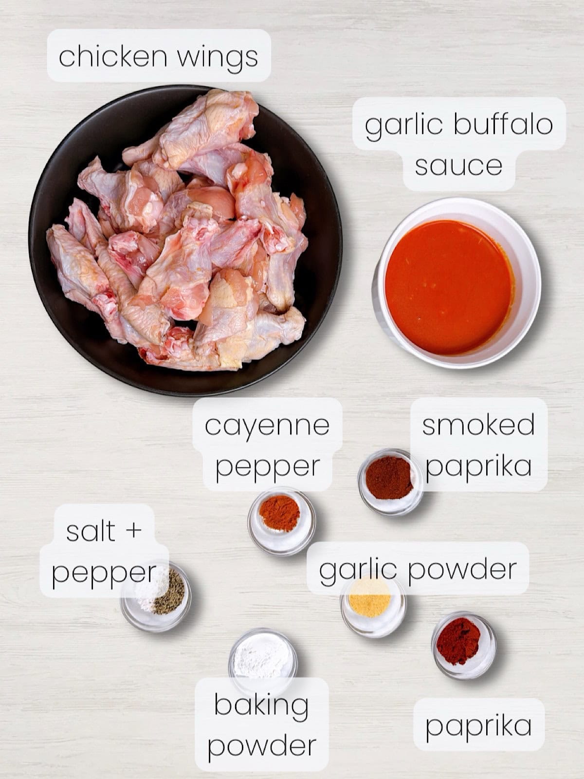 A labeled image of everything needed to make garlic buffalo wings with homemade buffalo sauce.