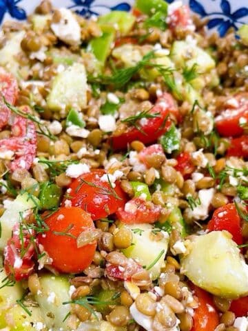 A greek lentil salad tossed in a decorative bowl to show dressing and herbs.