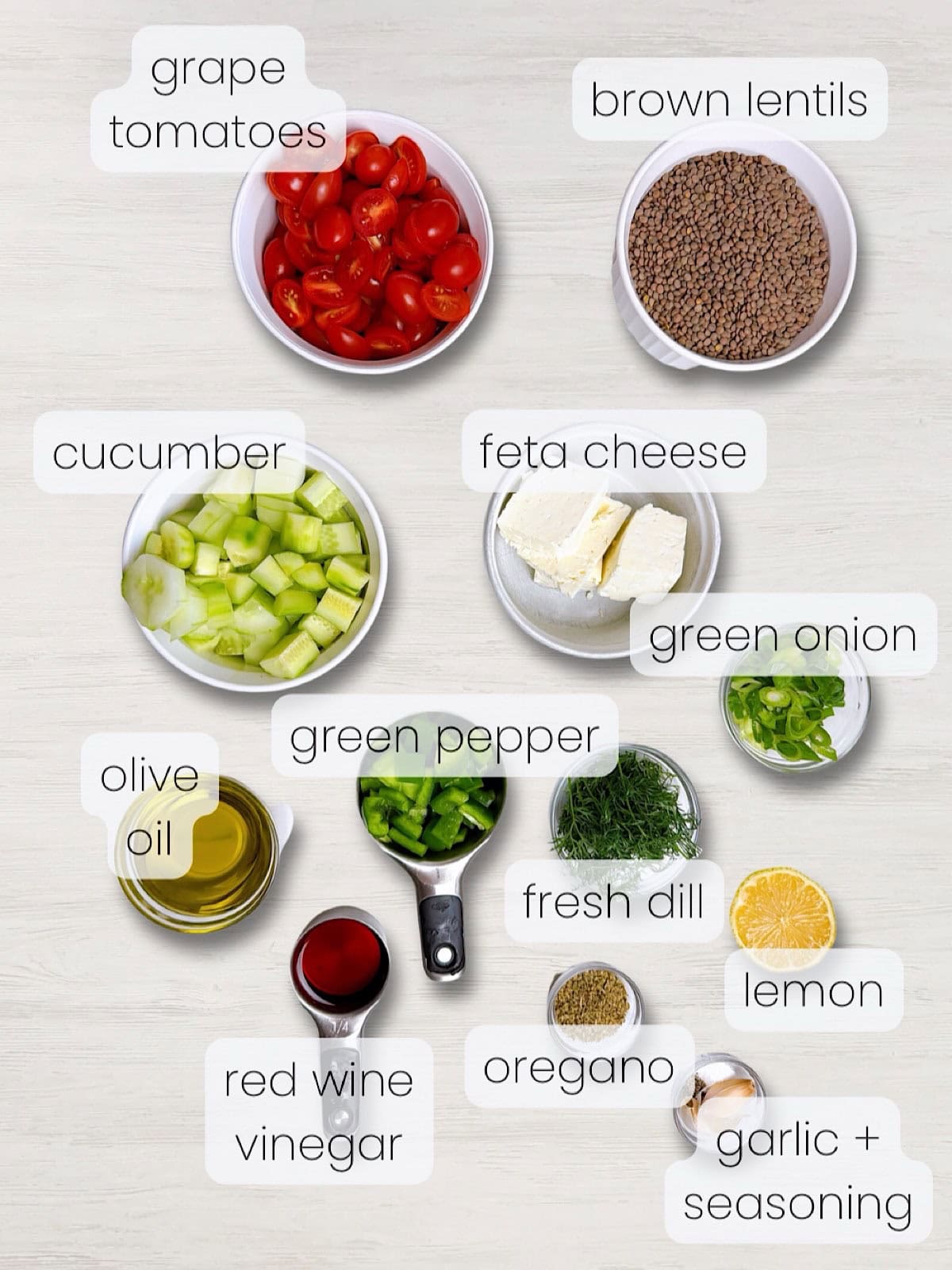 A labeled image of everything needed to make Greek lentil salad recipe Mediterranean style.