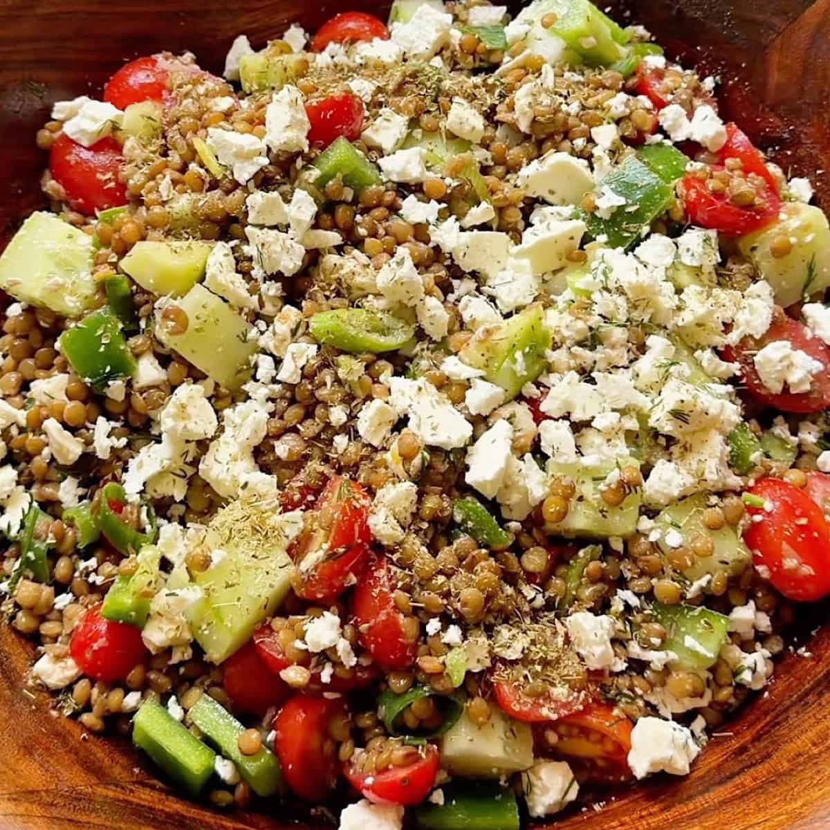 Greek lentil salad tossed with feta and herbs on top as garnish.