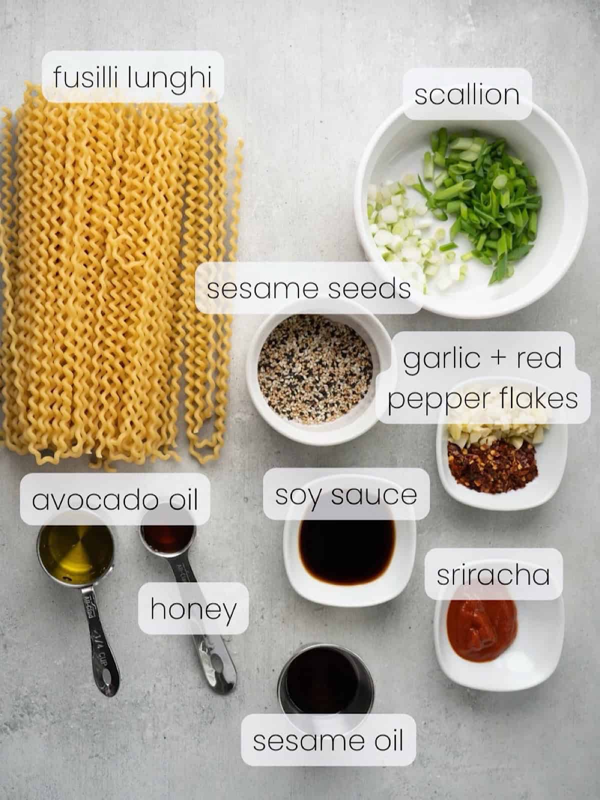 A labeled image of everything needed to make hot chili oil noodles.