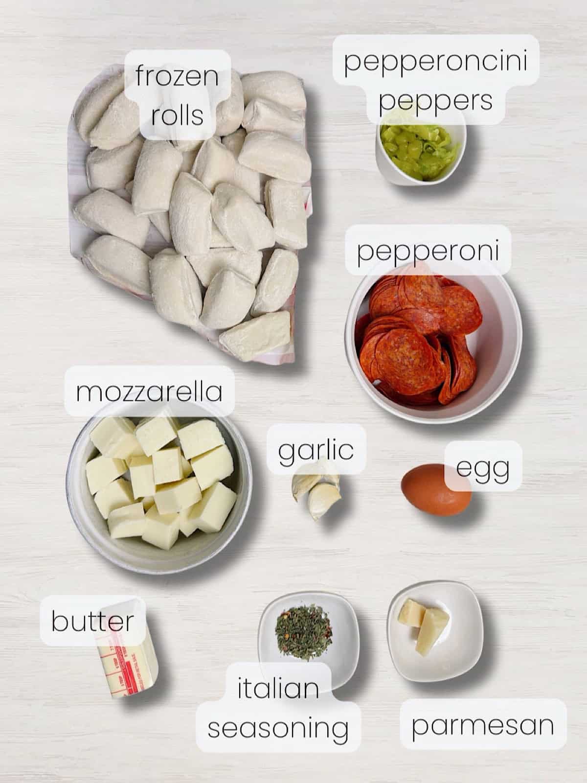 A labeled image of everything needed to make pepperoni rolls.