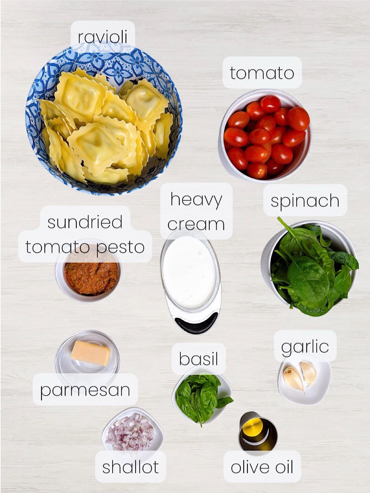A labeled image of everything needed to make Skillet Ravioli with Spinach and Sundried Tomato Pesto.