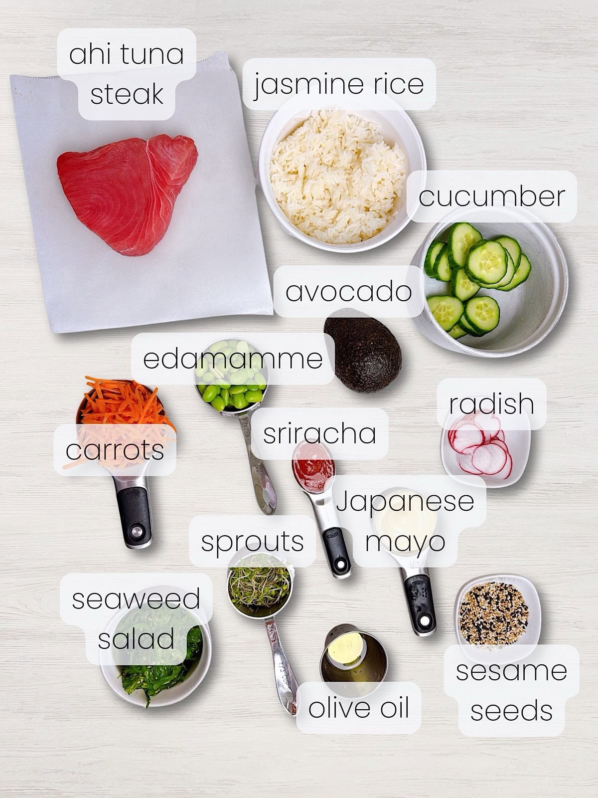 A labeled image of everything needed to make Seared ahi tuna poke bowls with spicy sauce.