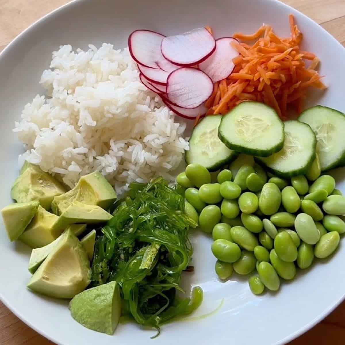 Rice and veggies assembled in the bowl.