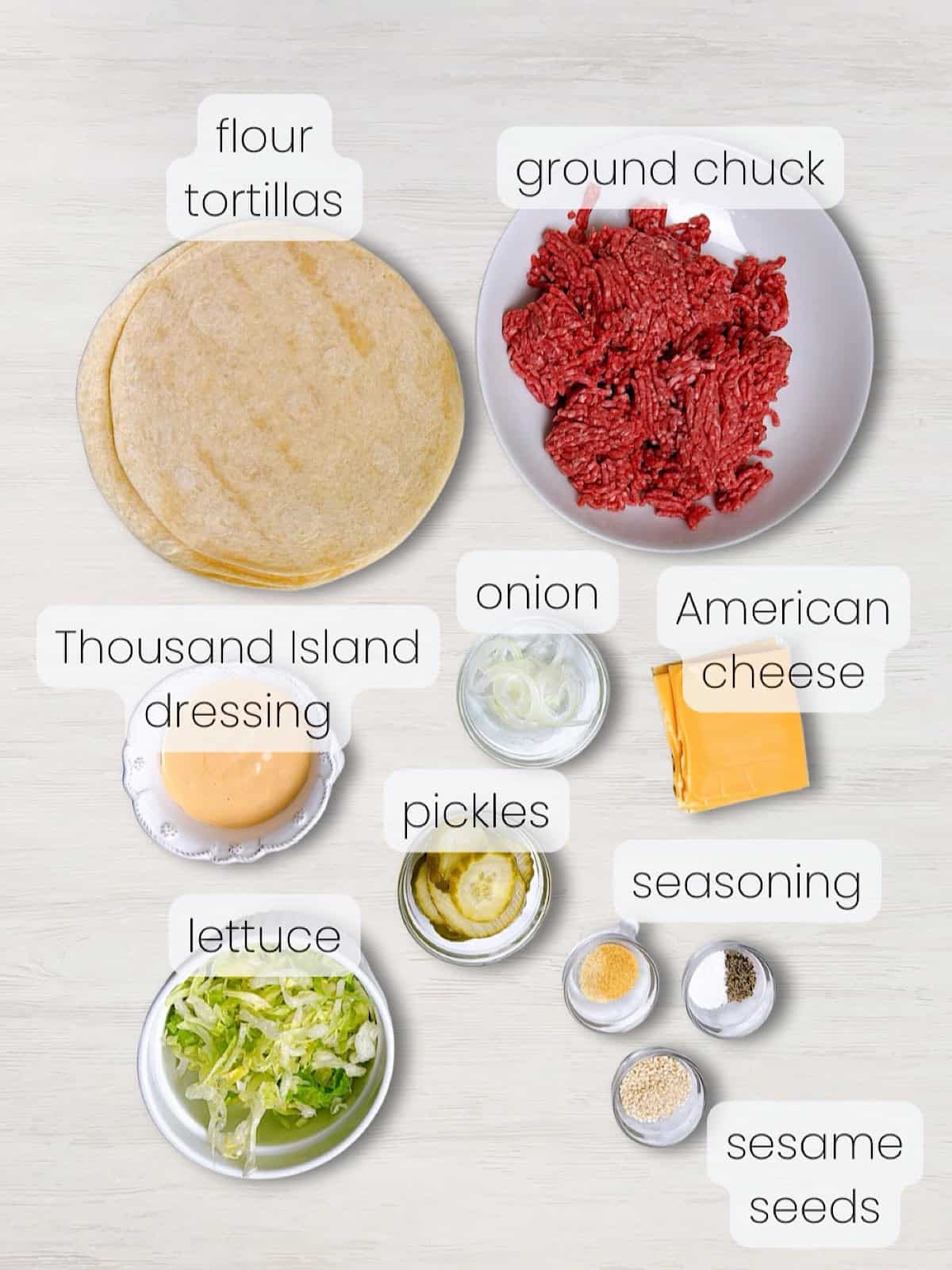 A labeled image of everything needed to make easy Big Mac smashed tacos.