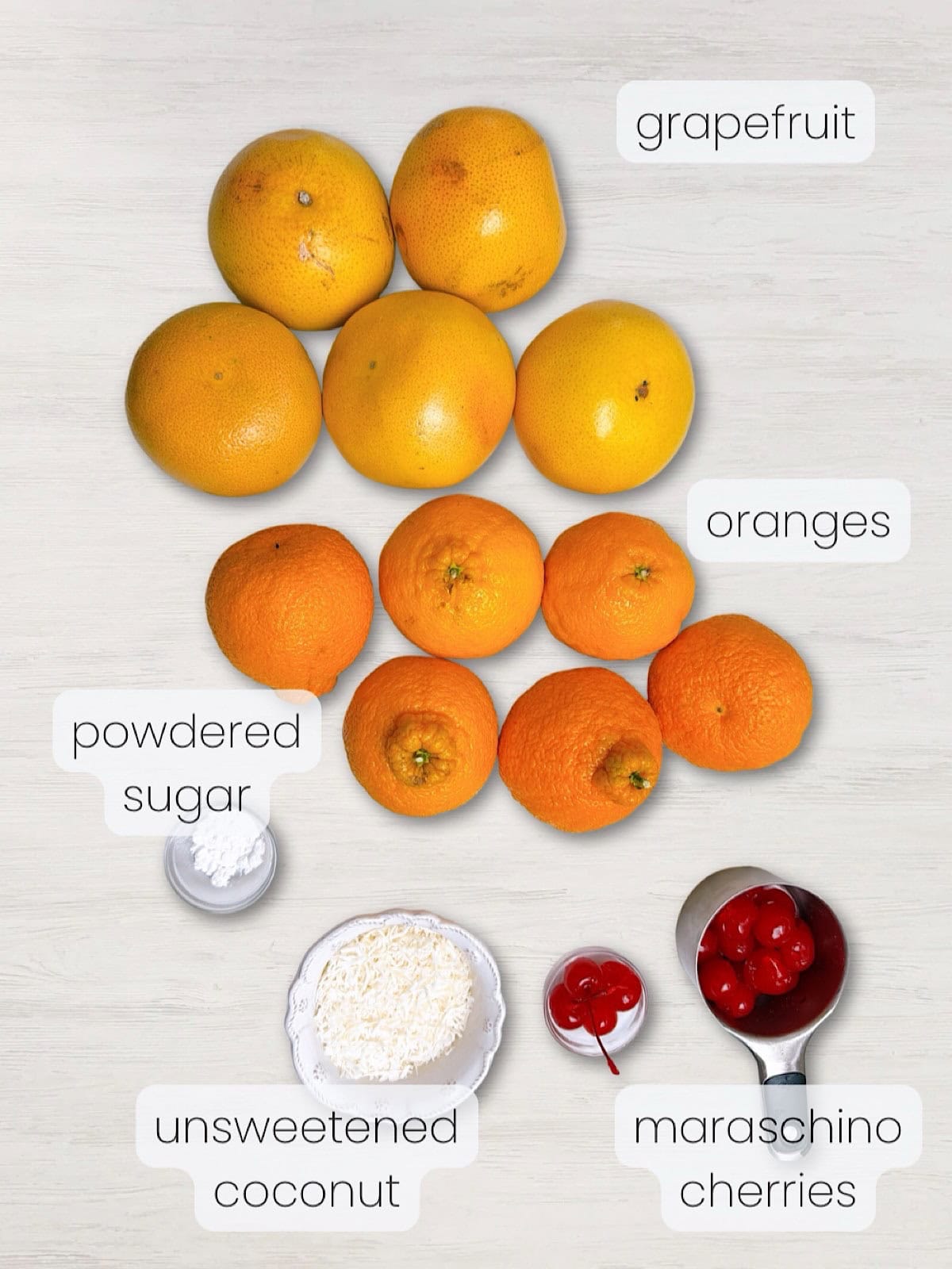 A labeled image of everything needed to make Southern ambrosia salad without marshmallows.