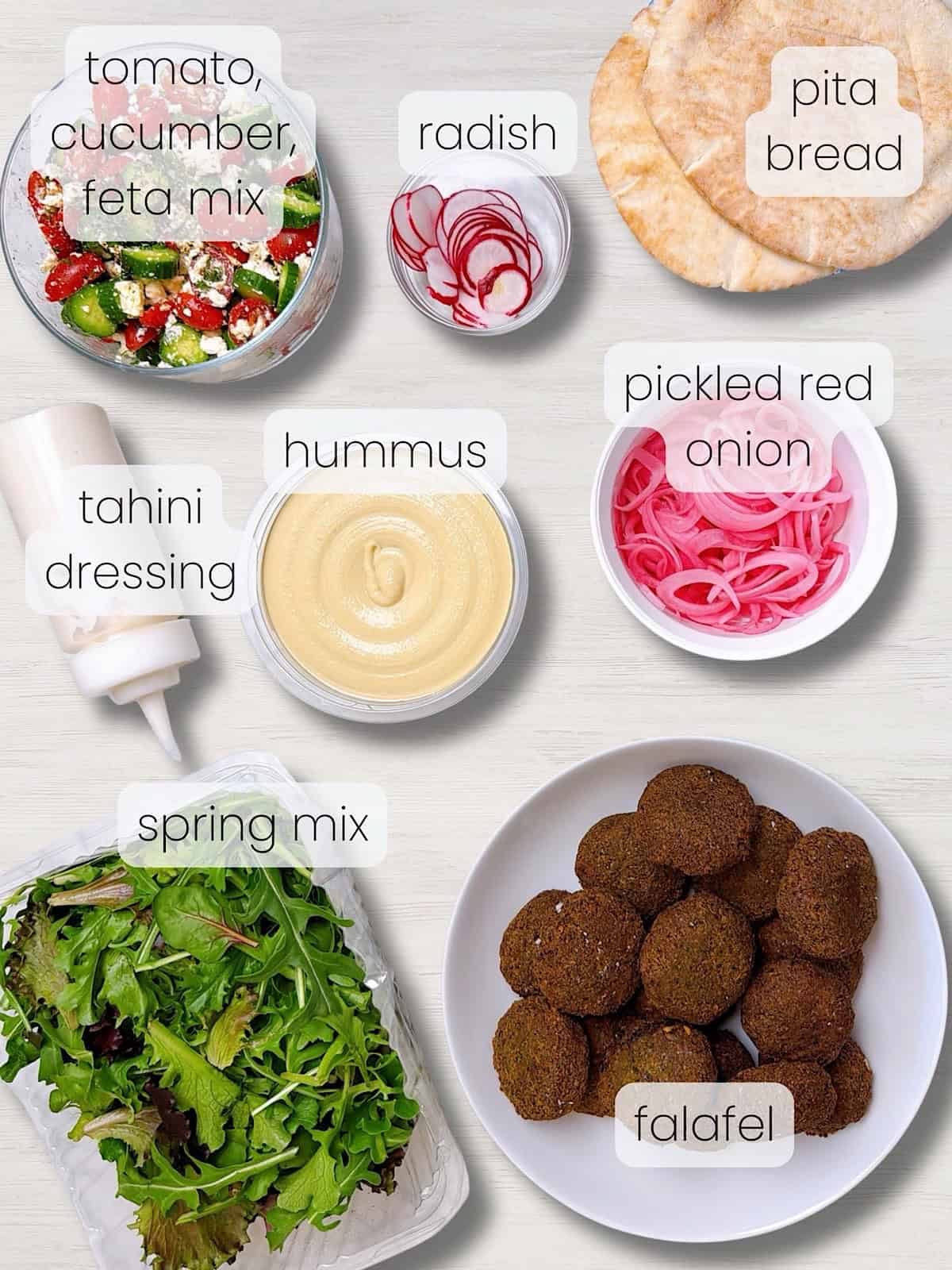 A labled image of everything needed to make this falafel salad recipe.