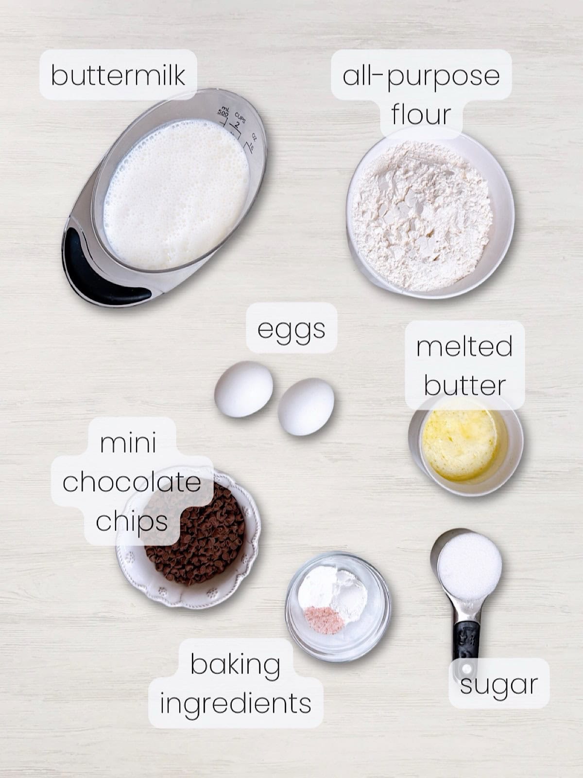 A labeled image of everything needed to make fluffy chocolate chip pancakes.