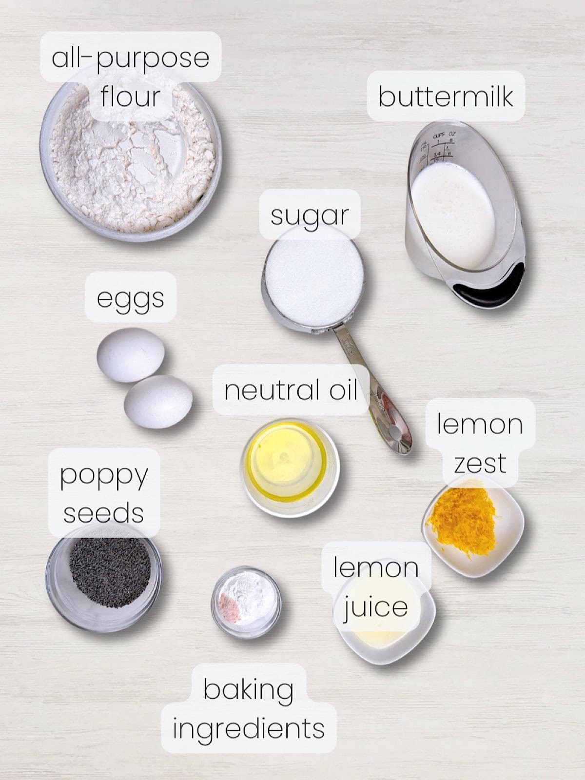 A labeled image of everything needed to make bakery style lemon poppyseed muffins.