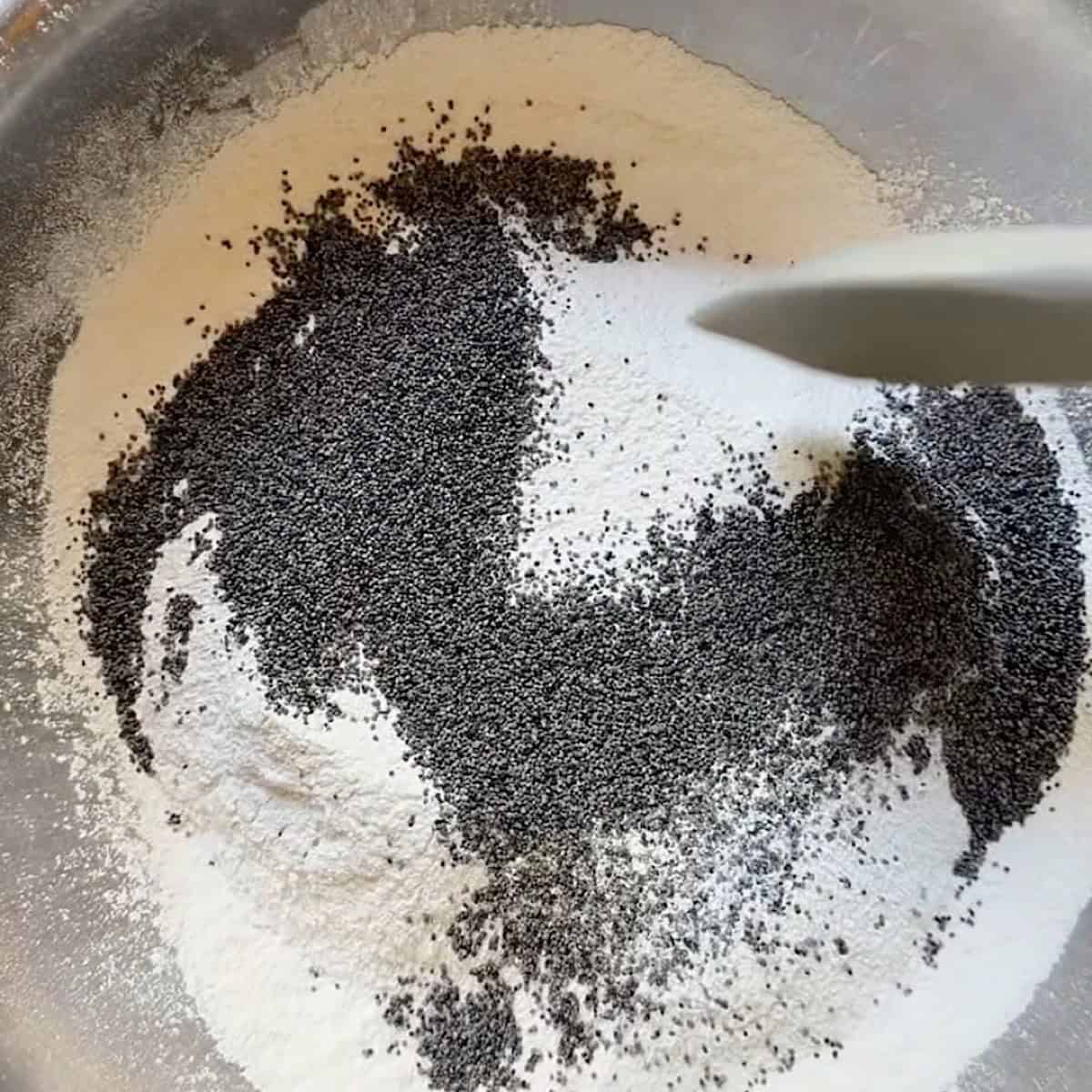 Dry ingredients for batter showing the poppy seeds.