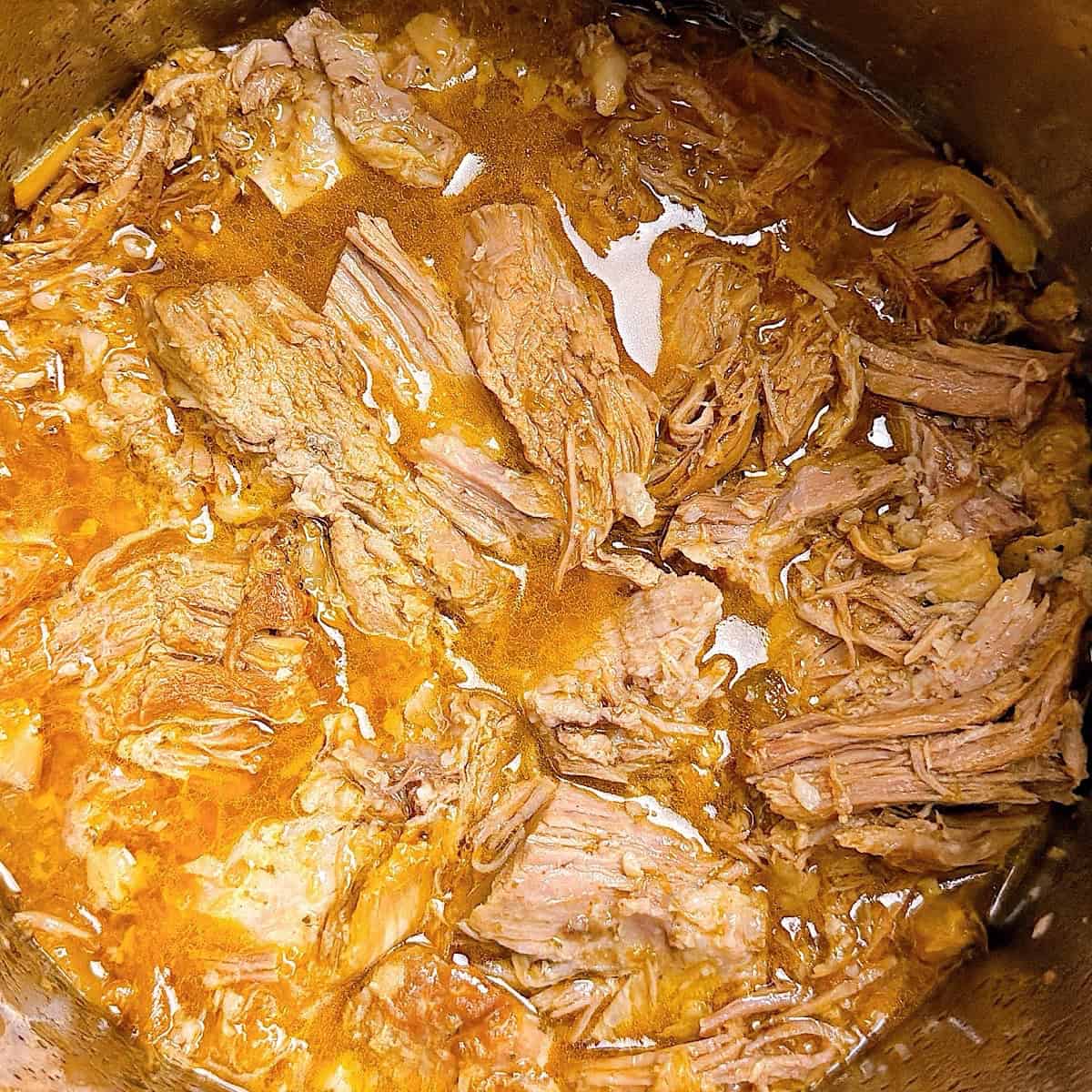 Pork shoulder shredded and resting in juices.