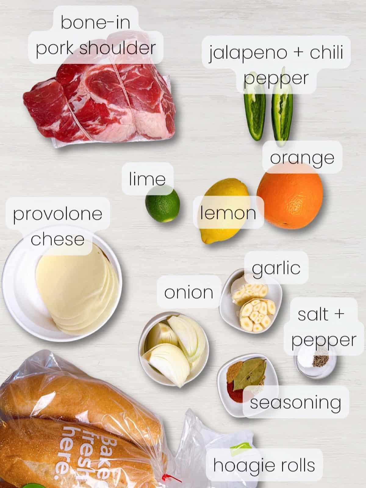 A labeled image of everything needed to make mojo pork for sandwiches.