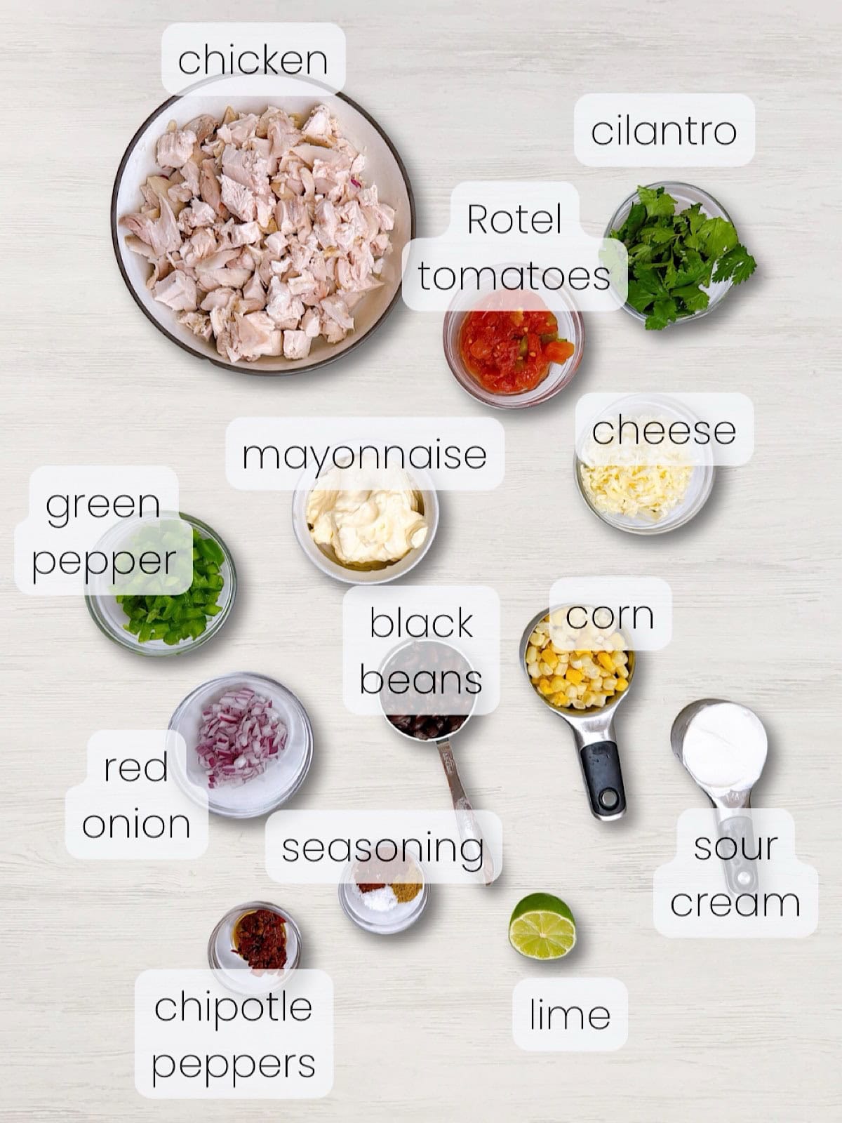 A labeled image of everything needed to make Southwest Chicken Salad Recipe with Black Beans and Corn.