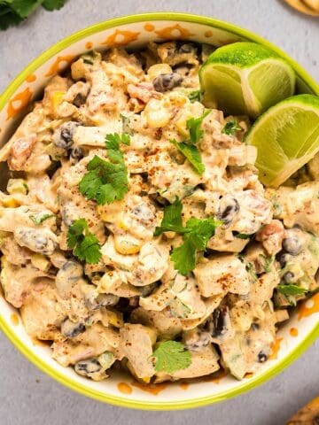 Southwest chicken salad in a Tex Mex style bowl next to cilantro, crackers, and wooden spoon.