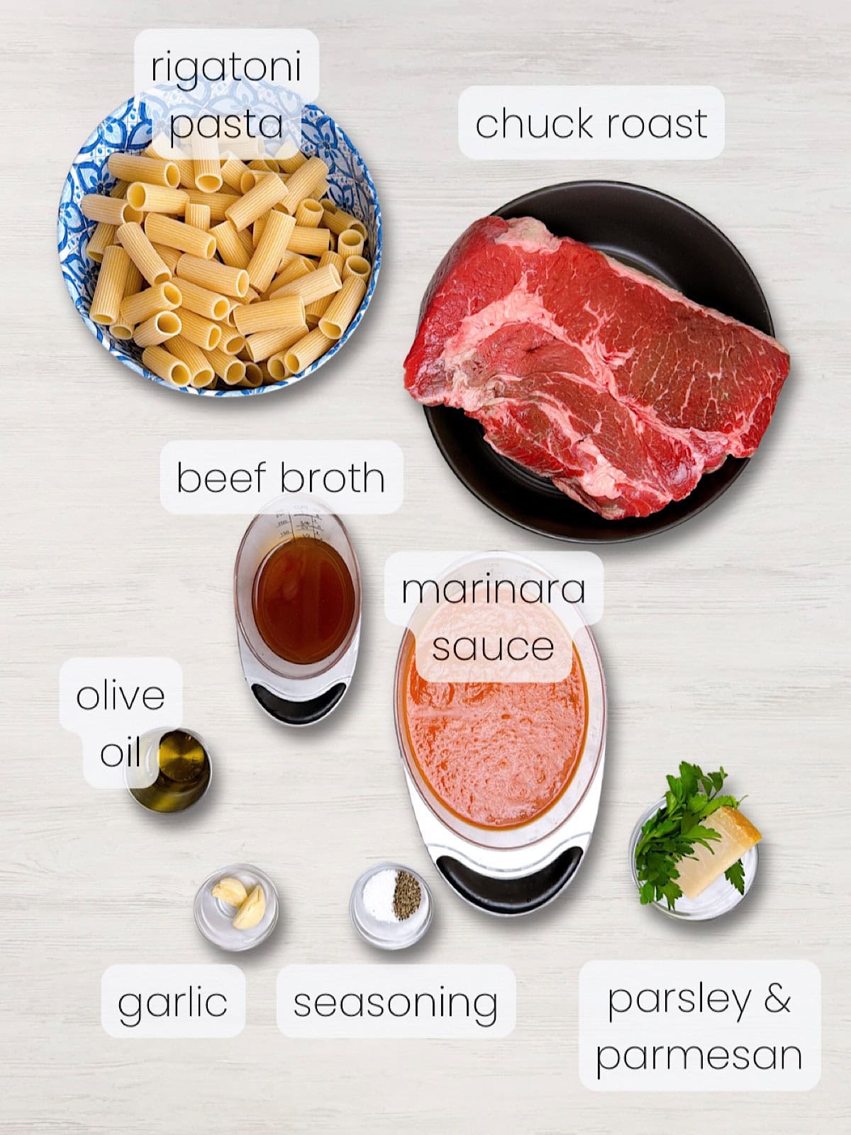 A labeled image of everything needed to make beef ragu rigatoni in the oven.
