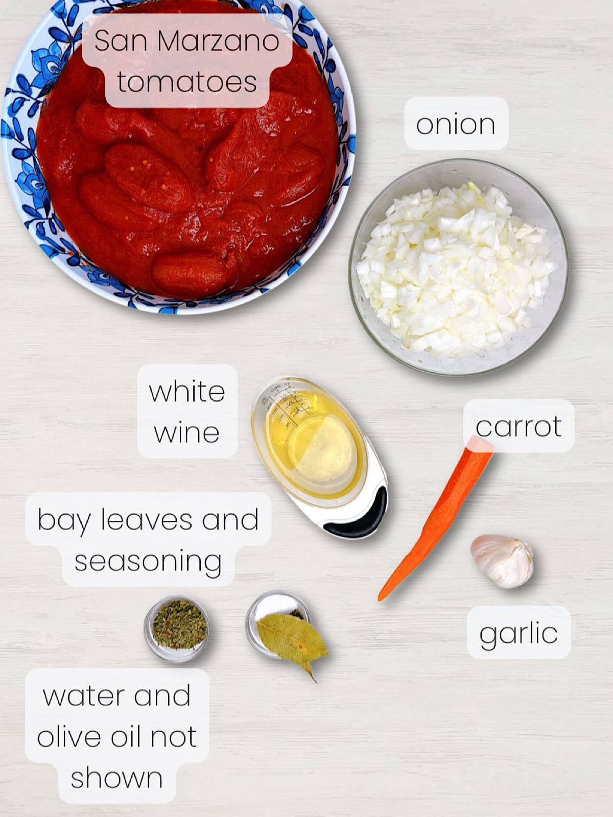 A labeled image of everything needed to make this Easy Homemade Marinara Sauce Recipe.