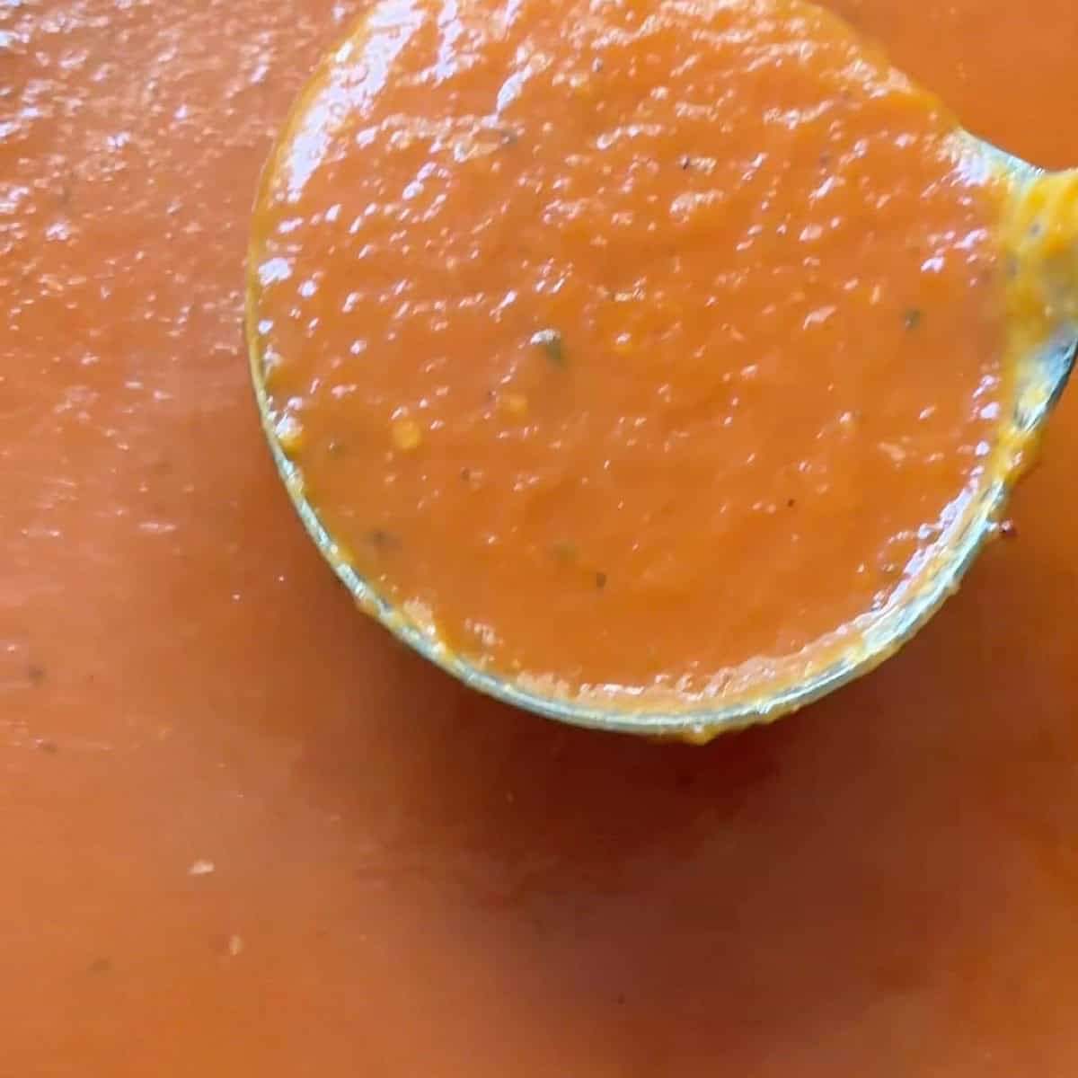 A ladle showing the marinara sauce fully blended.