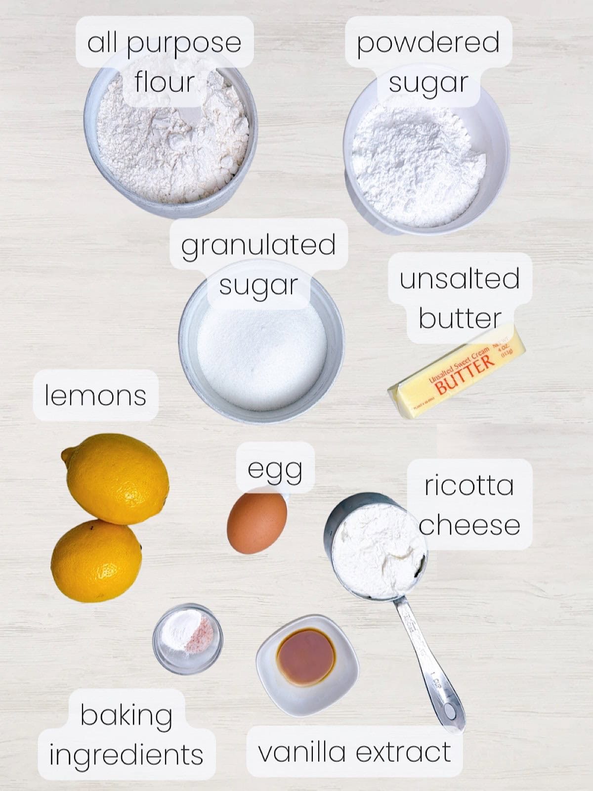 A labeled image of everything needed to make easy lemon ricotta cookies.