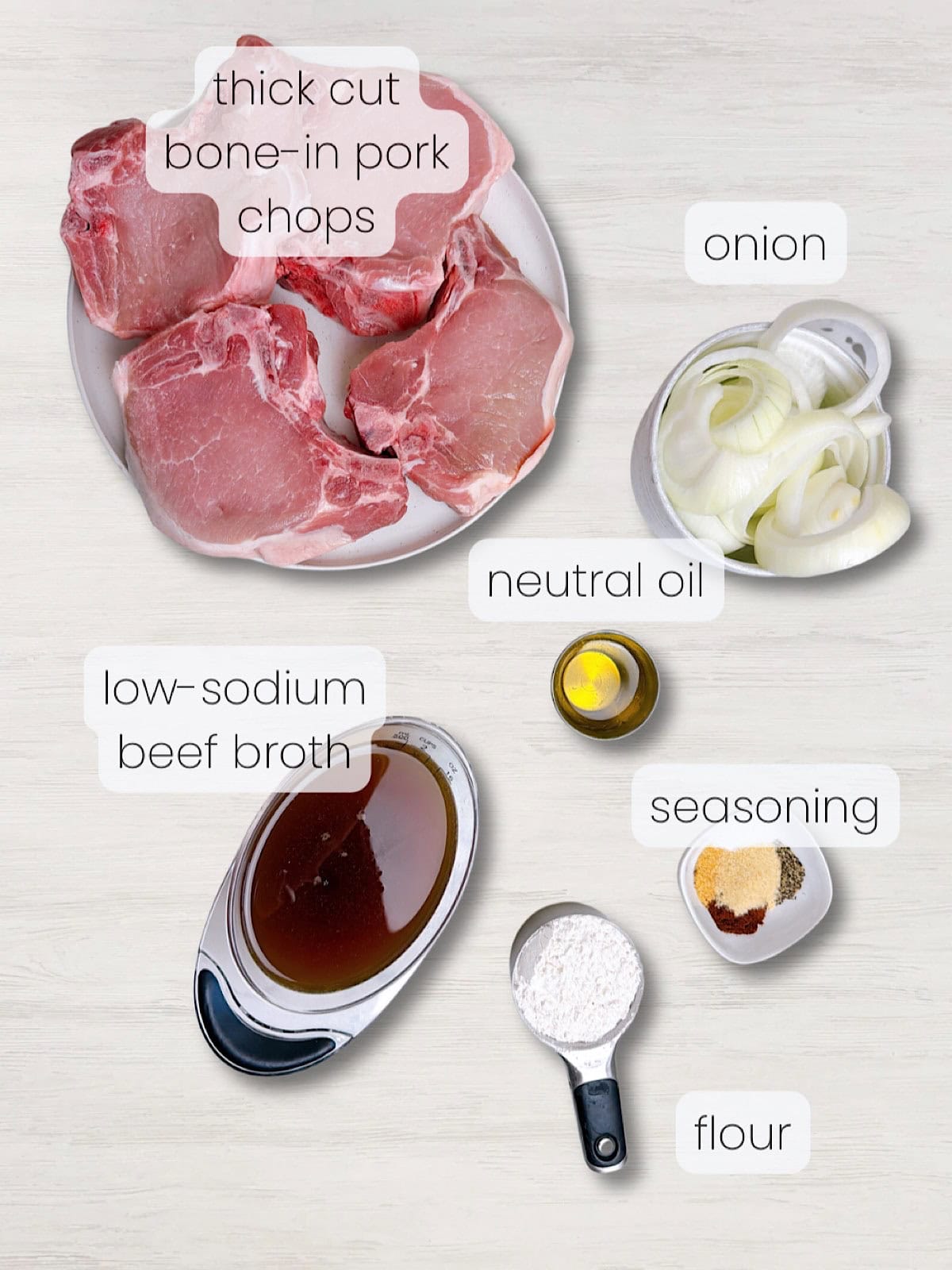A labeled image of everything needed to make smothered pork chops with gravy in the oven.