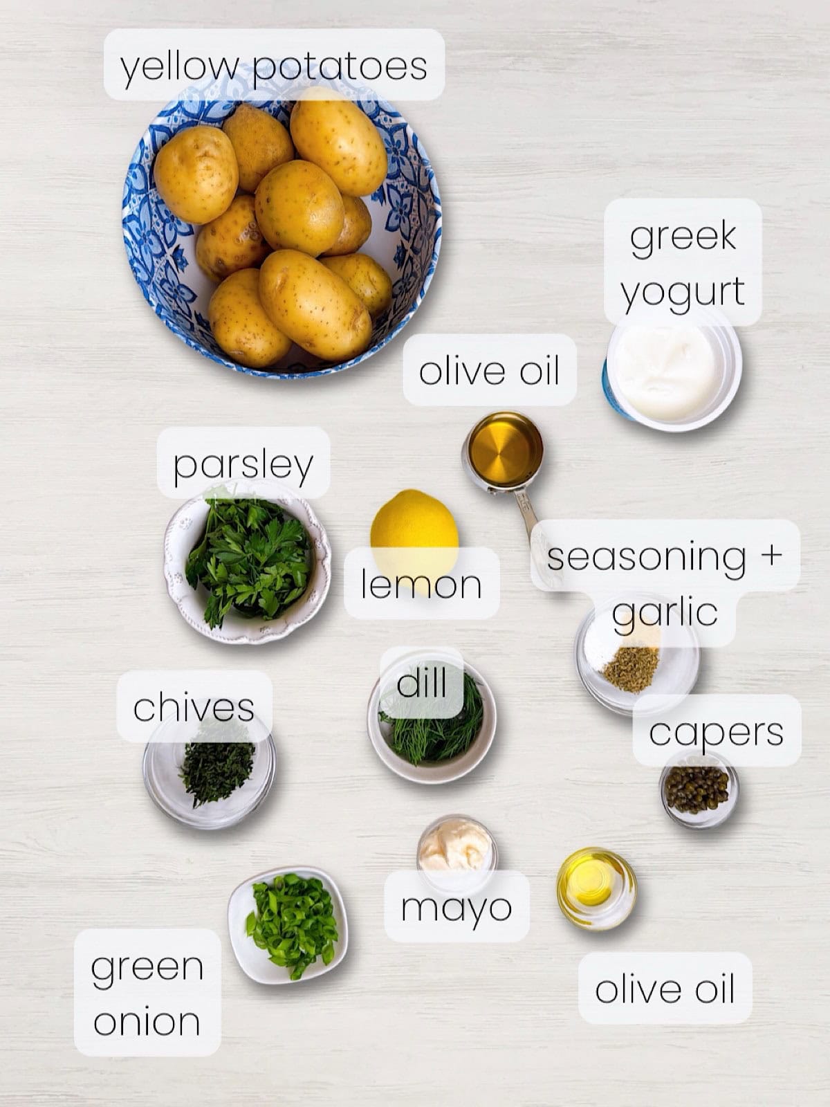 A labeled image of everything needed to make crispy smashed potato salad with Greek yogurt dressing.