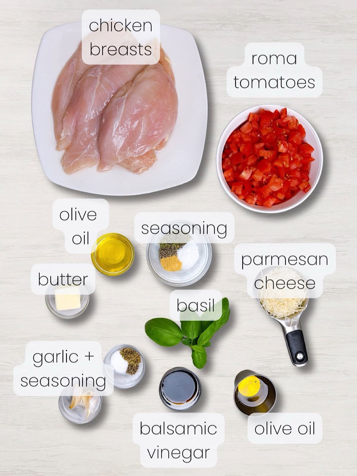 A labeled image of everything needed to make the bruschetta chicken recipe.