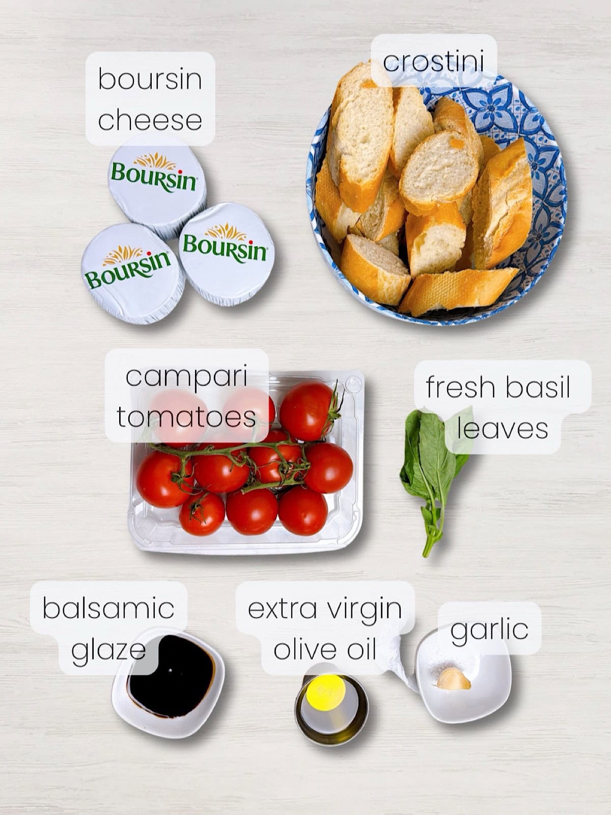 A labeled image of everything needed to make this easy bruschetta dip recipe.