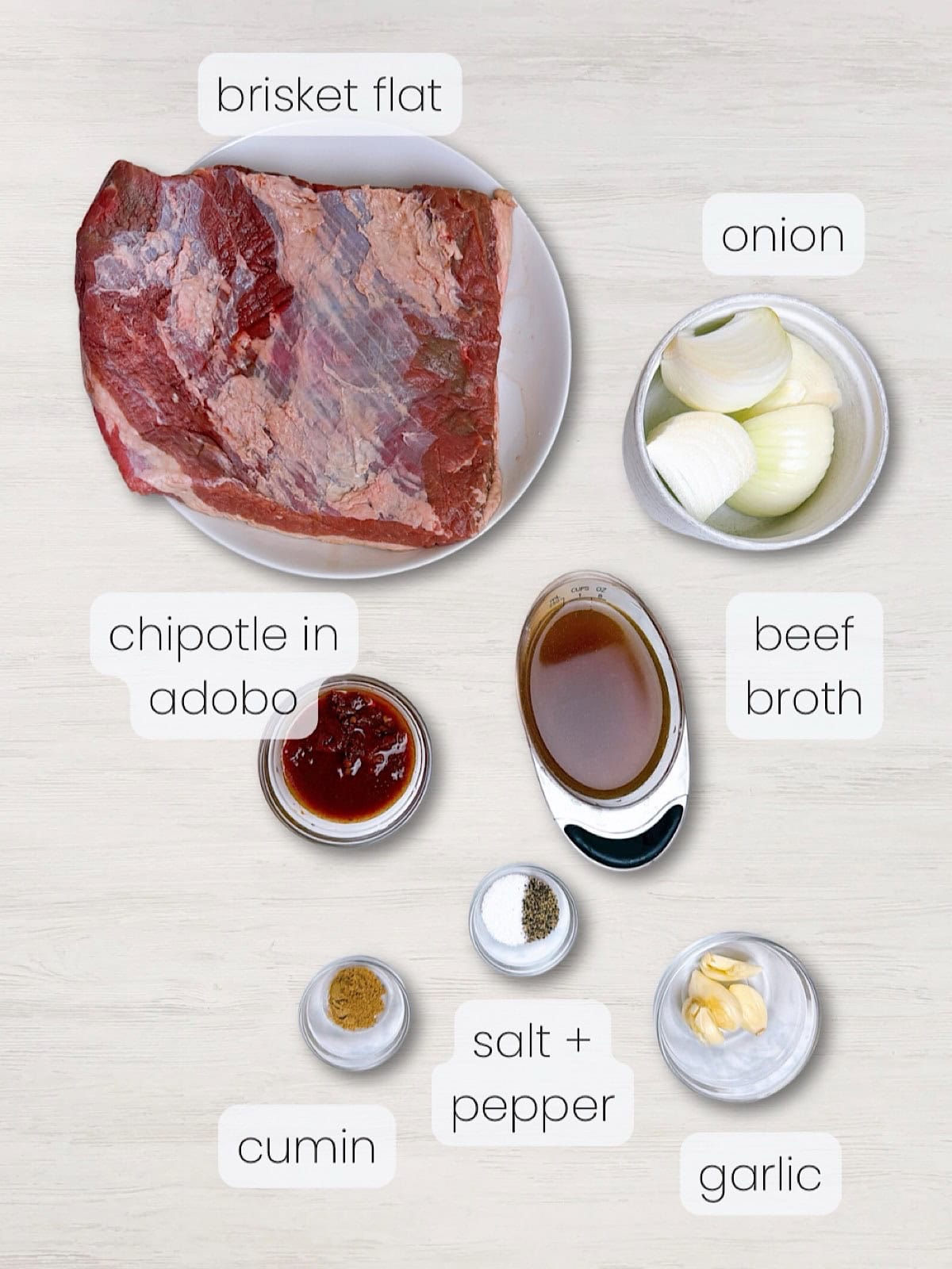 A labeled image of everything needed to make this chipotle style slow cooker beef brisket recipe.