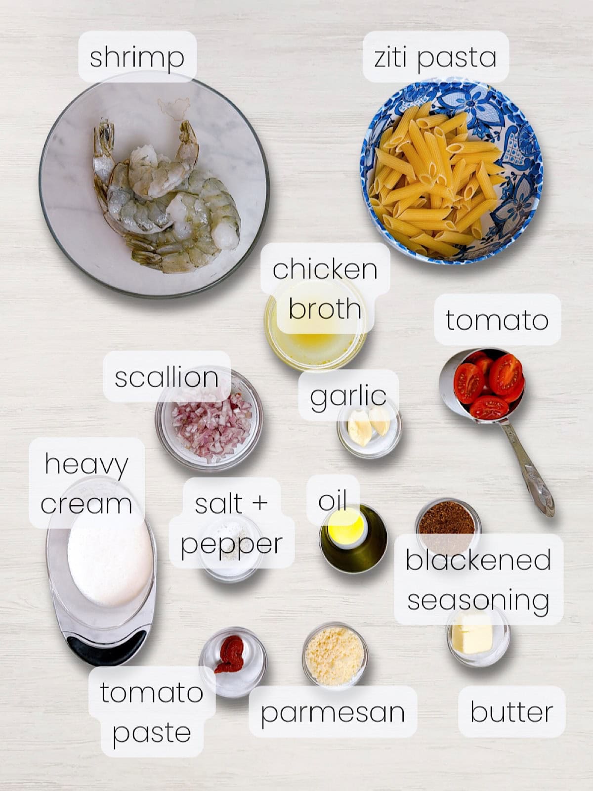 A lableled image of everything needed to make a blackened shrimp pasta recipe.
