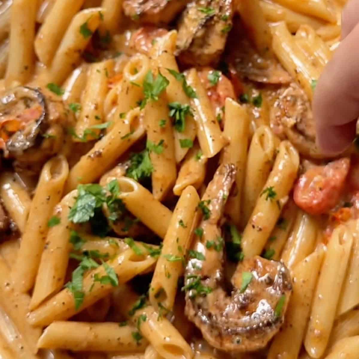 Finishing the blackened shrimp pasta with parsley in the skillet.