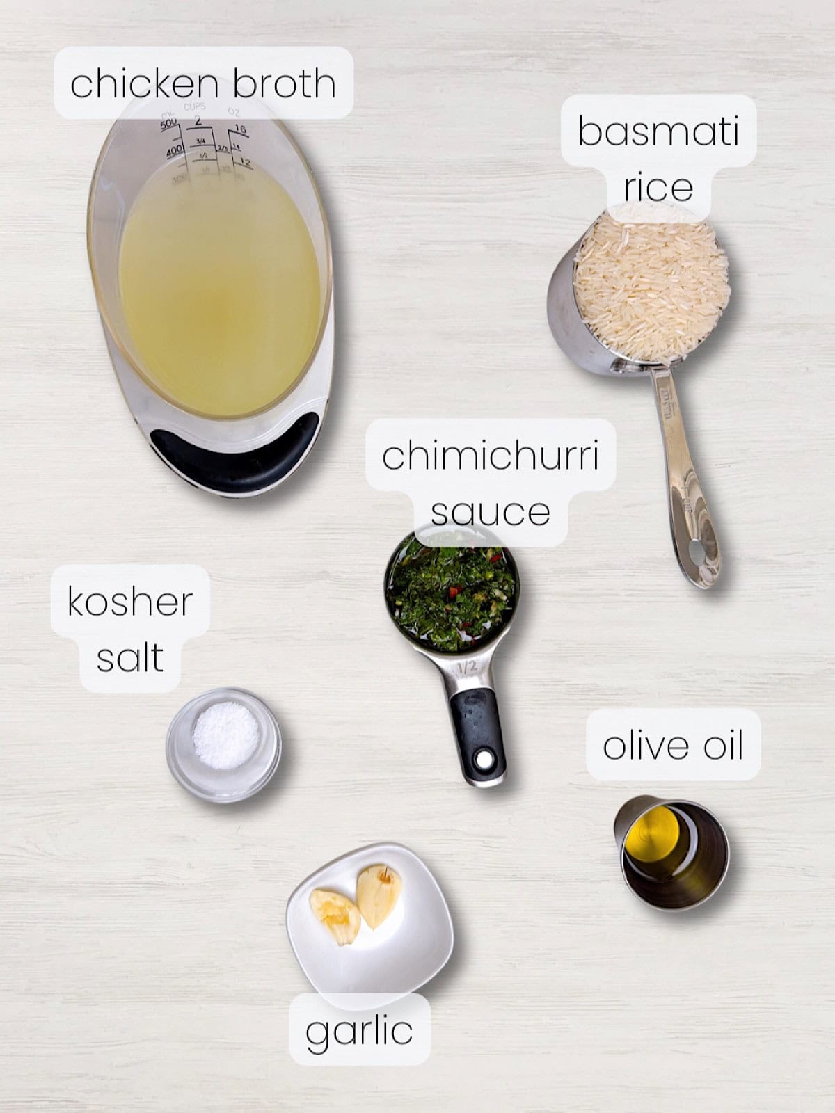 A labeled image of everything needed to make this chimichurri rice recipe.
