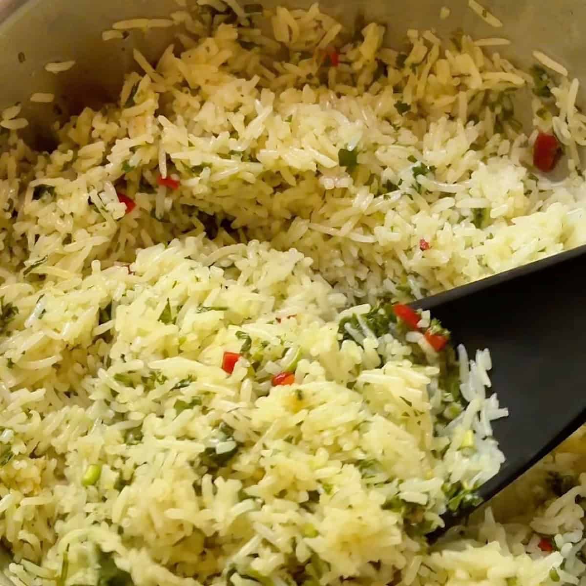 Chimichurri rice fluffed and ready to serve.