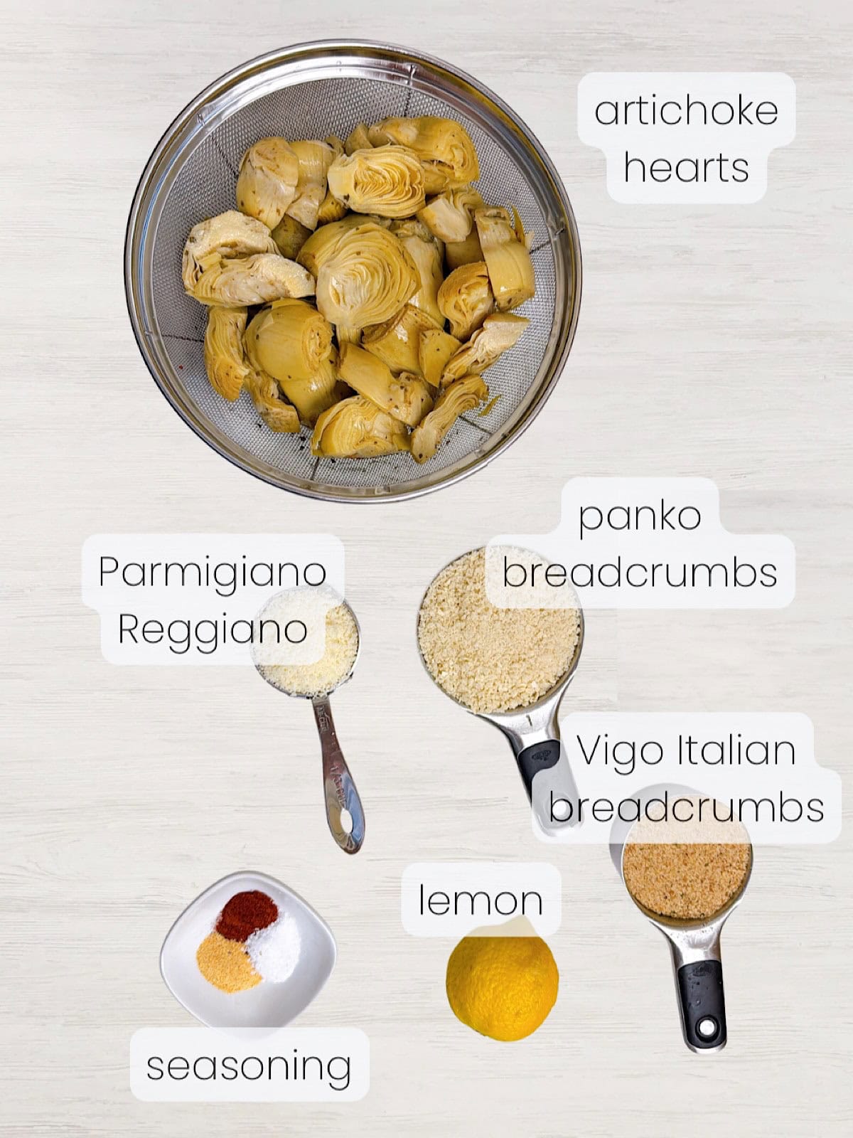 A labeled image of everything needed to make this crispy artichoke hearts recipe.