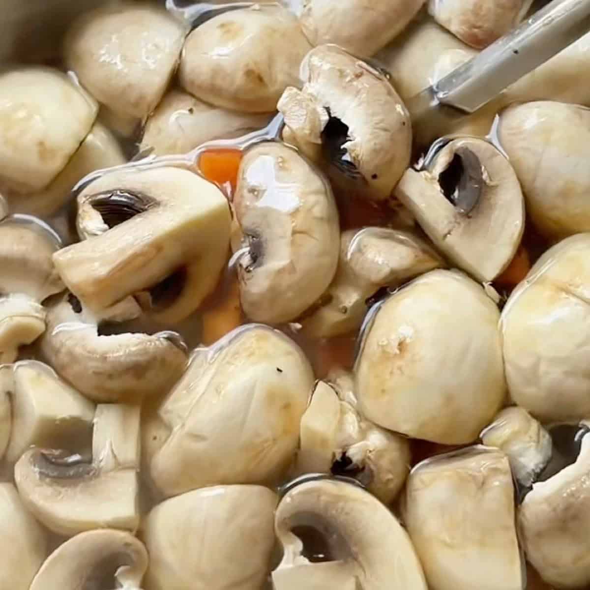Mushrooms and red bell pepper simmering in brine.