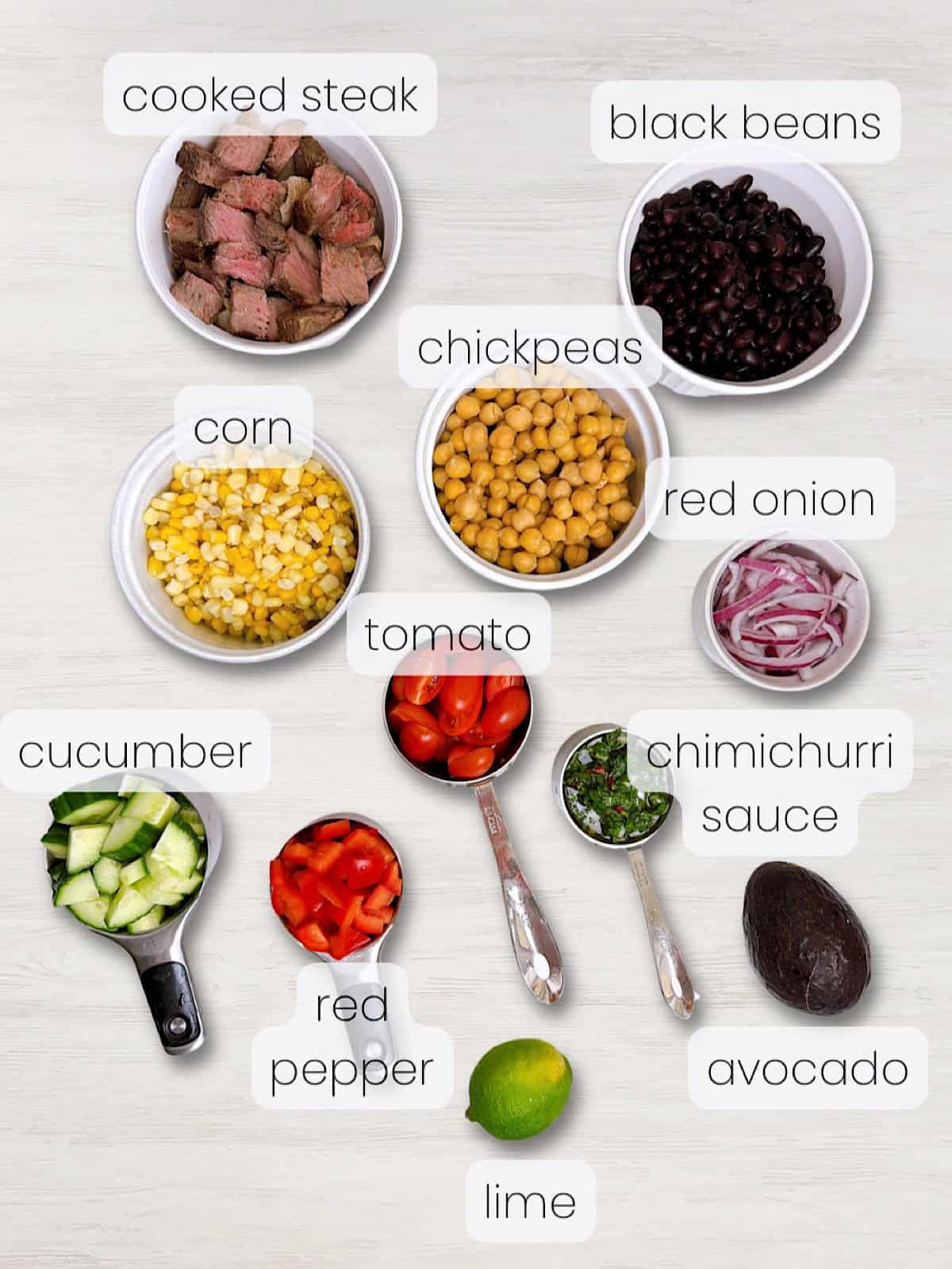 A labeled image of everything needed to make steak chimichurri dense bean salad.