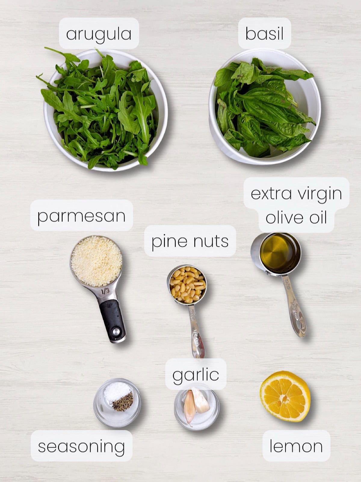 A labeled image of everything needed to make basil arugula pesto.