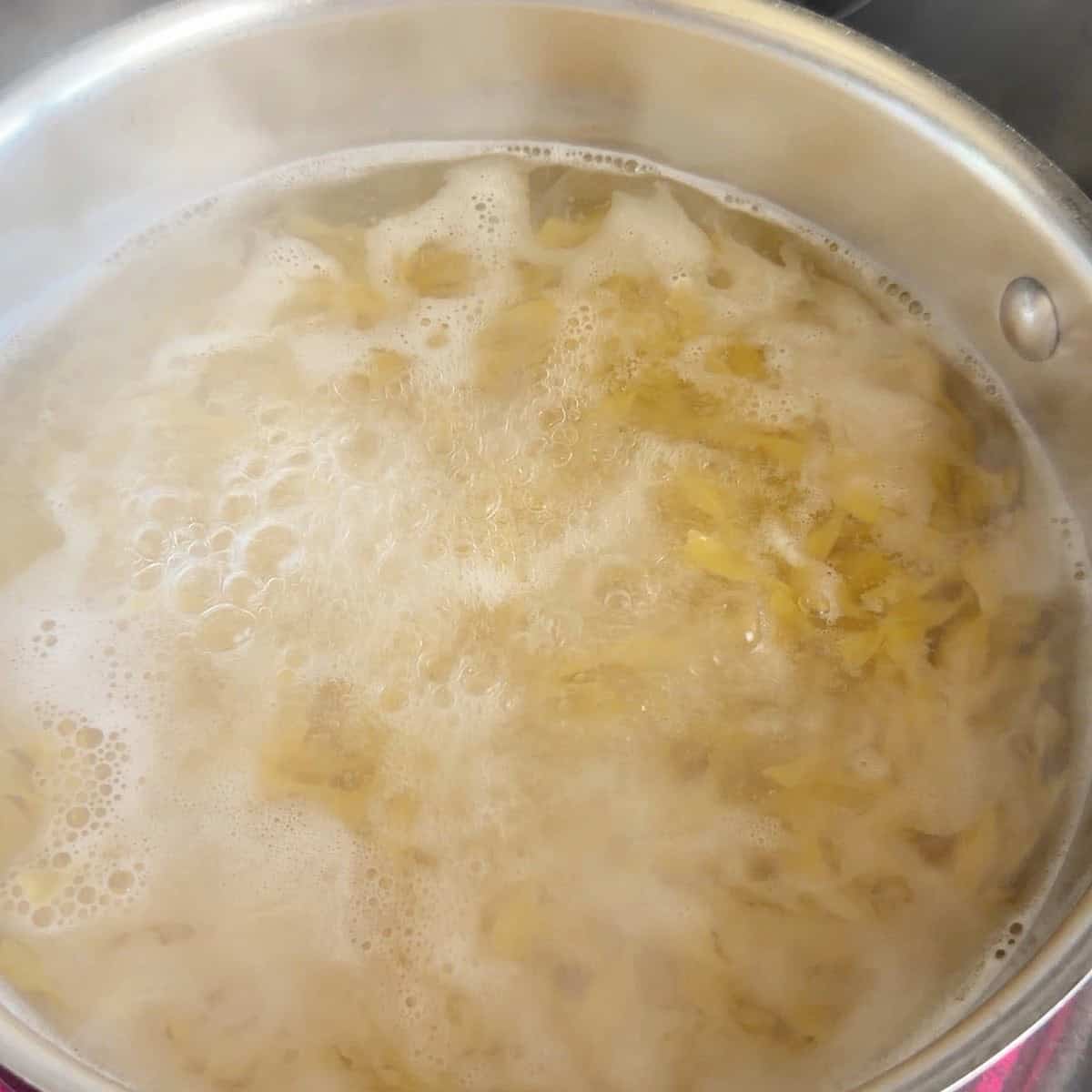 Egg noodles boiling on the stove.