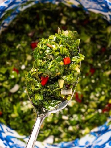 A spoonful of cilantro chimichurri sauce being held over a decorative blue bowl.