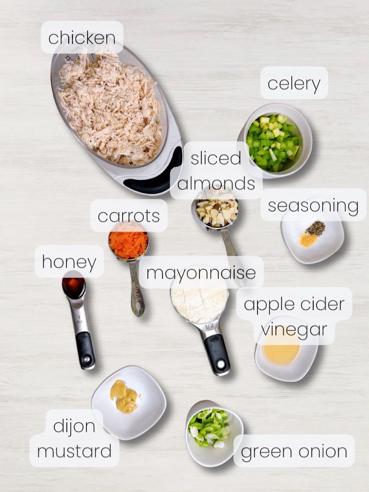 A labeled image of everything needed to make this honey chicken salad with almonds.