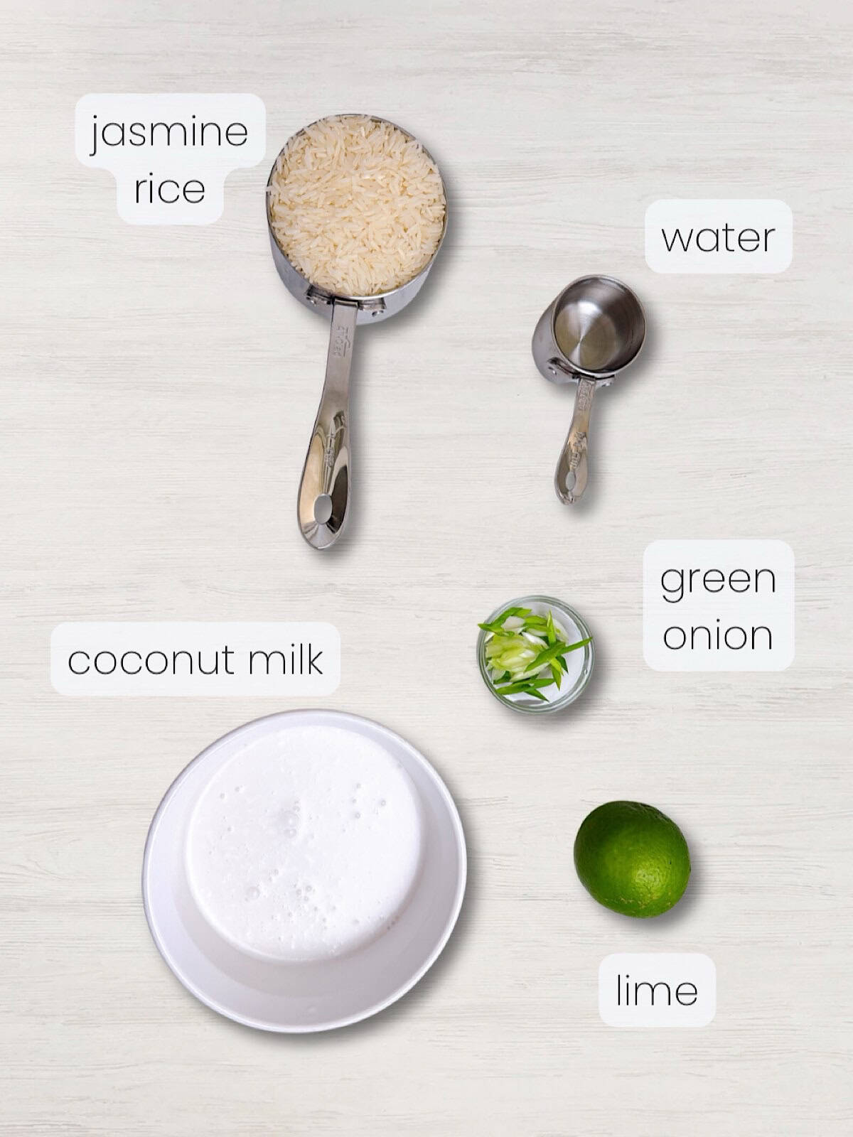 A labeled image of everything needed to make instant pot coconut rice recipe.
