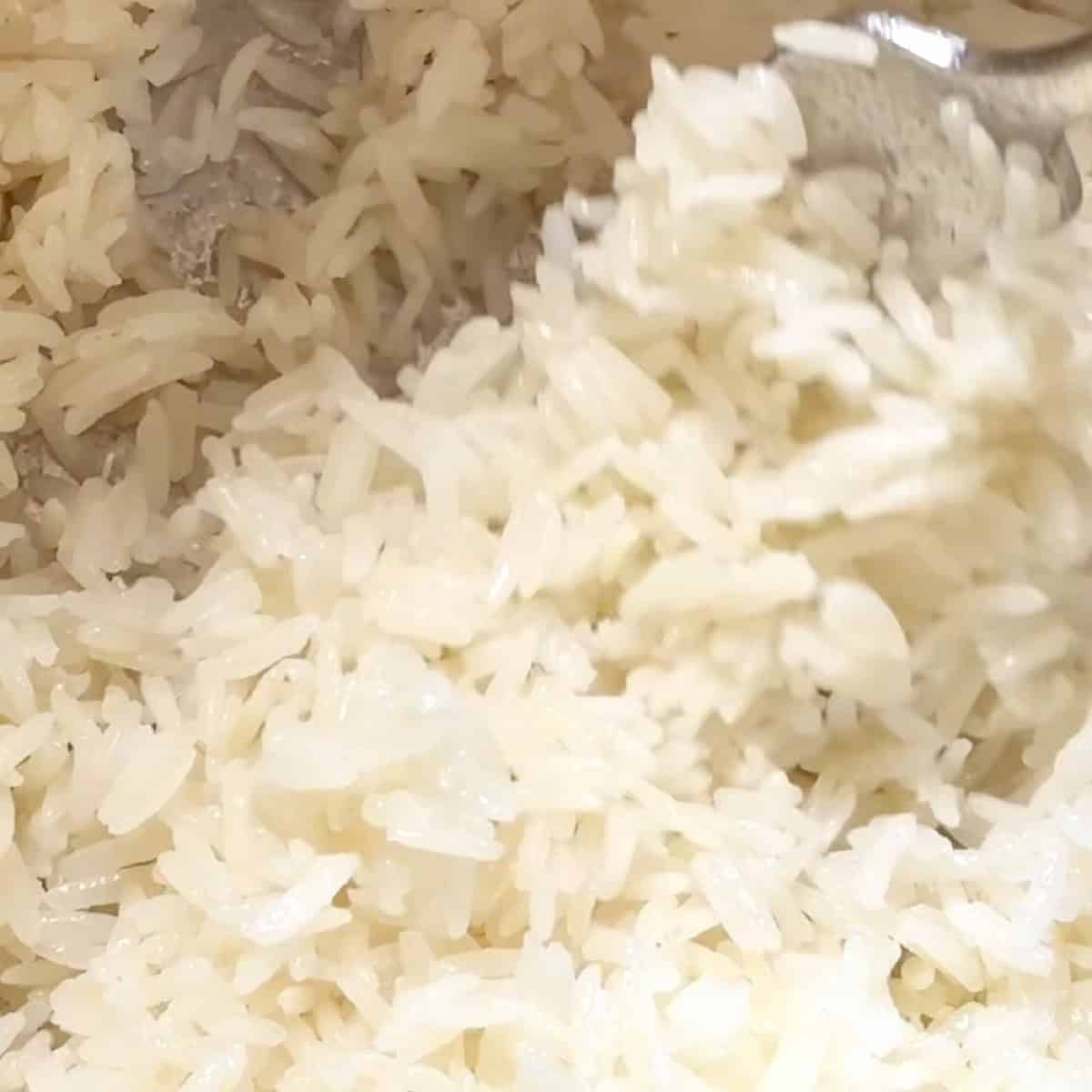 Fluffing the cooked coconut rice with a fork.