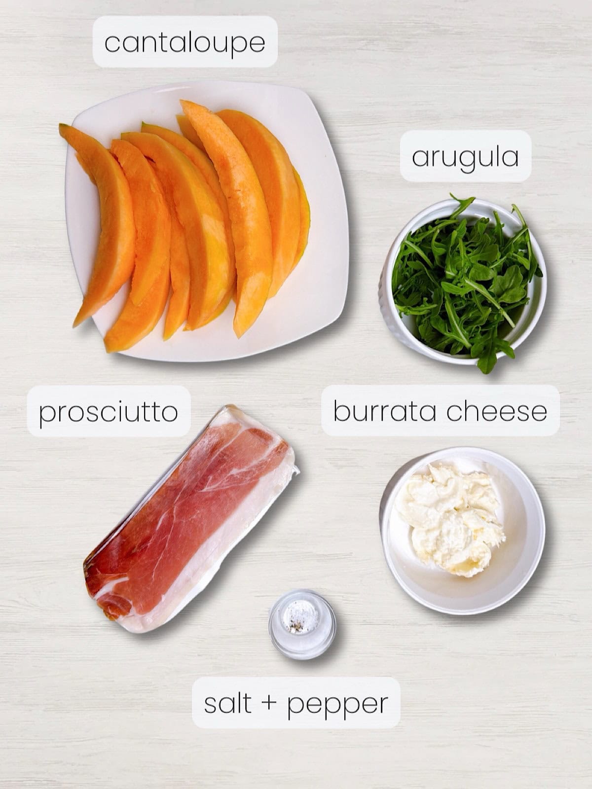 A labeled image of everything needed to make prosciutto wrapped cantaloupe.