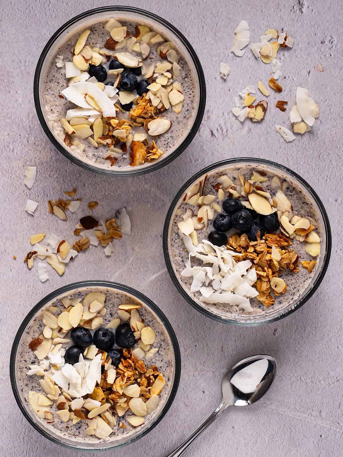 Three bowls of blueberry chia pudding with granola, coconut, and almond toppings.