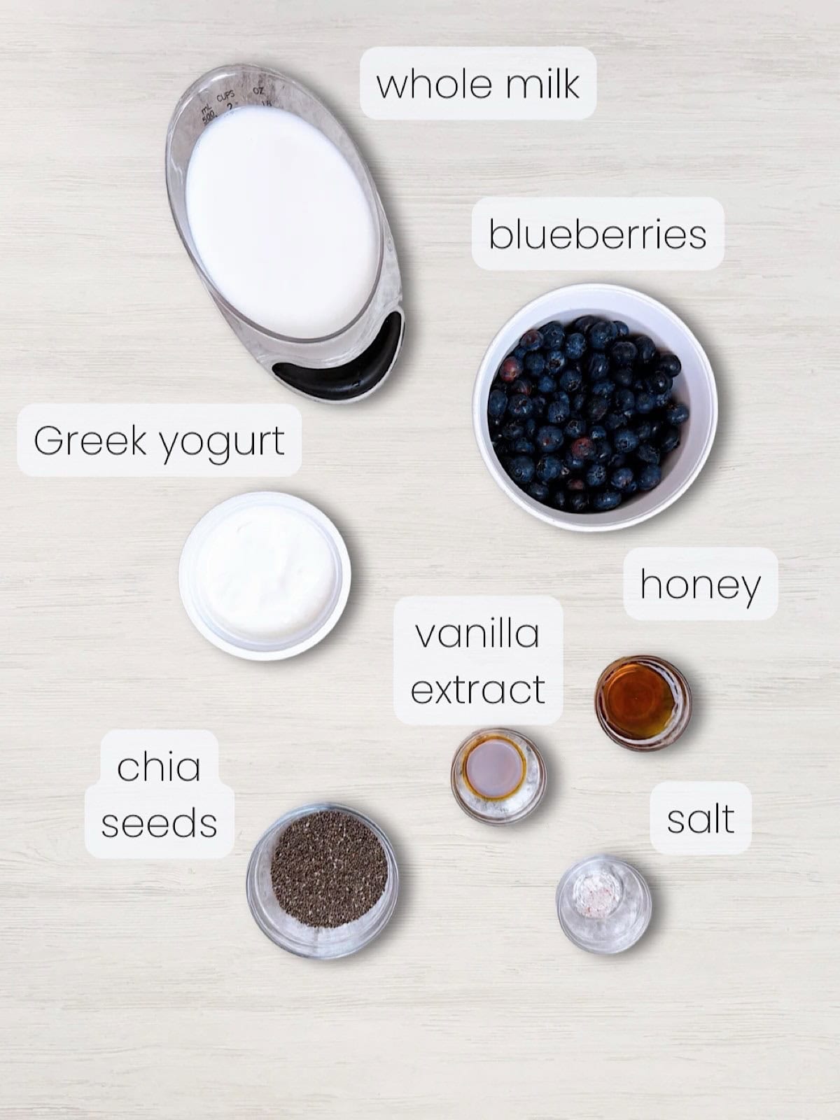 A labeled image of everything needed to make blueberry chia pudding with Greek yogurt.