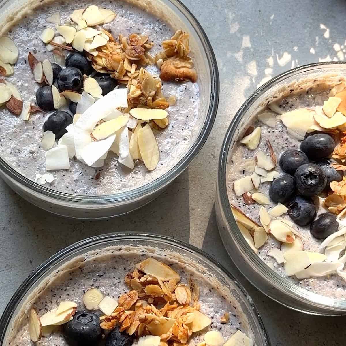 Blueberry chia pudding with granola, coconut, blueberries, and sliced almond topping.