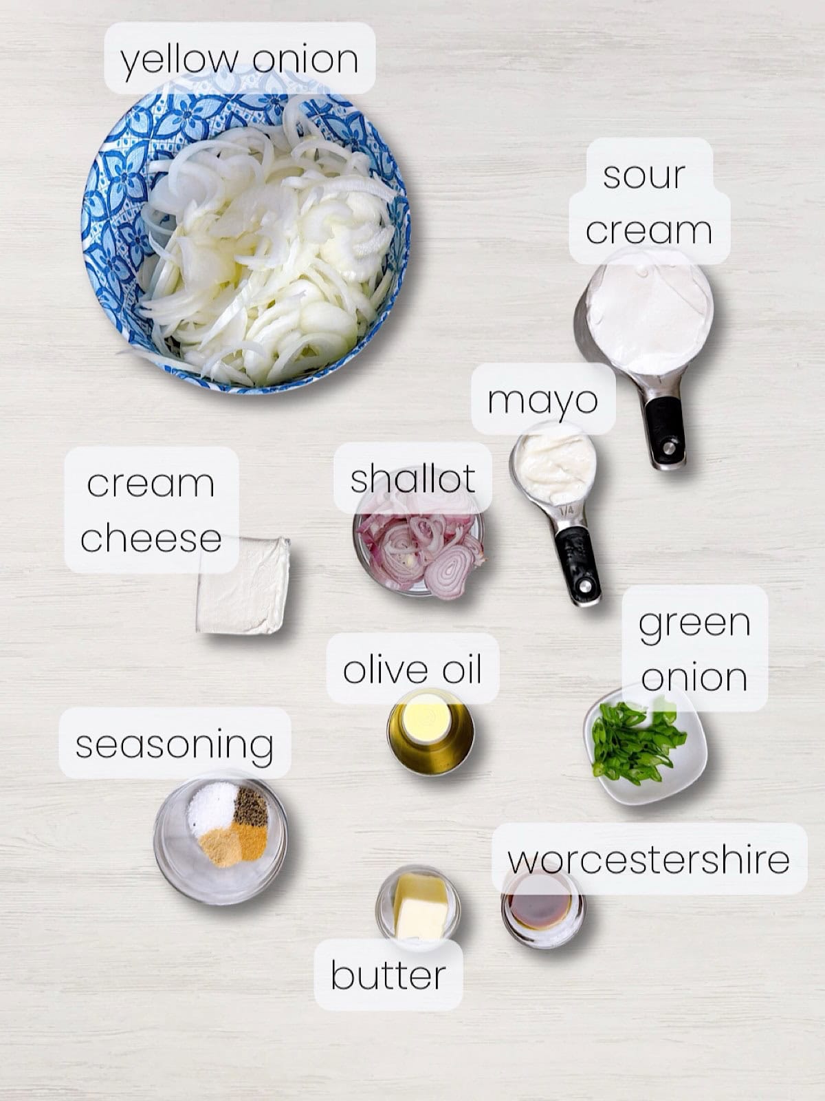 A labeled image of everything needed to make this caramelized onion dip recipe.