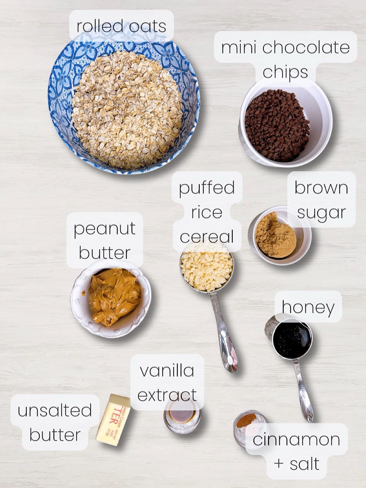 A labeled image of everything needed to make chewy peanut butter granola bars.